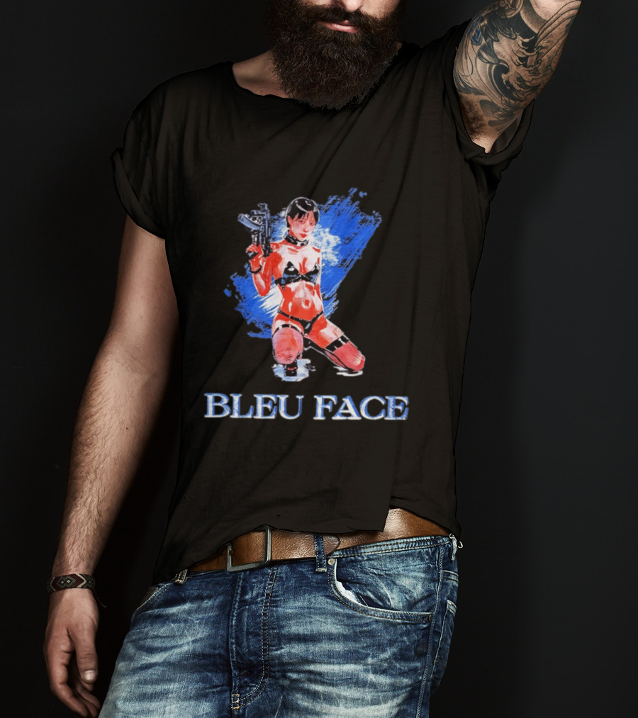 Bleu Face Anime Girl With Gun And Blue Brushstroke T-Shirt