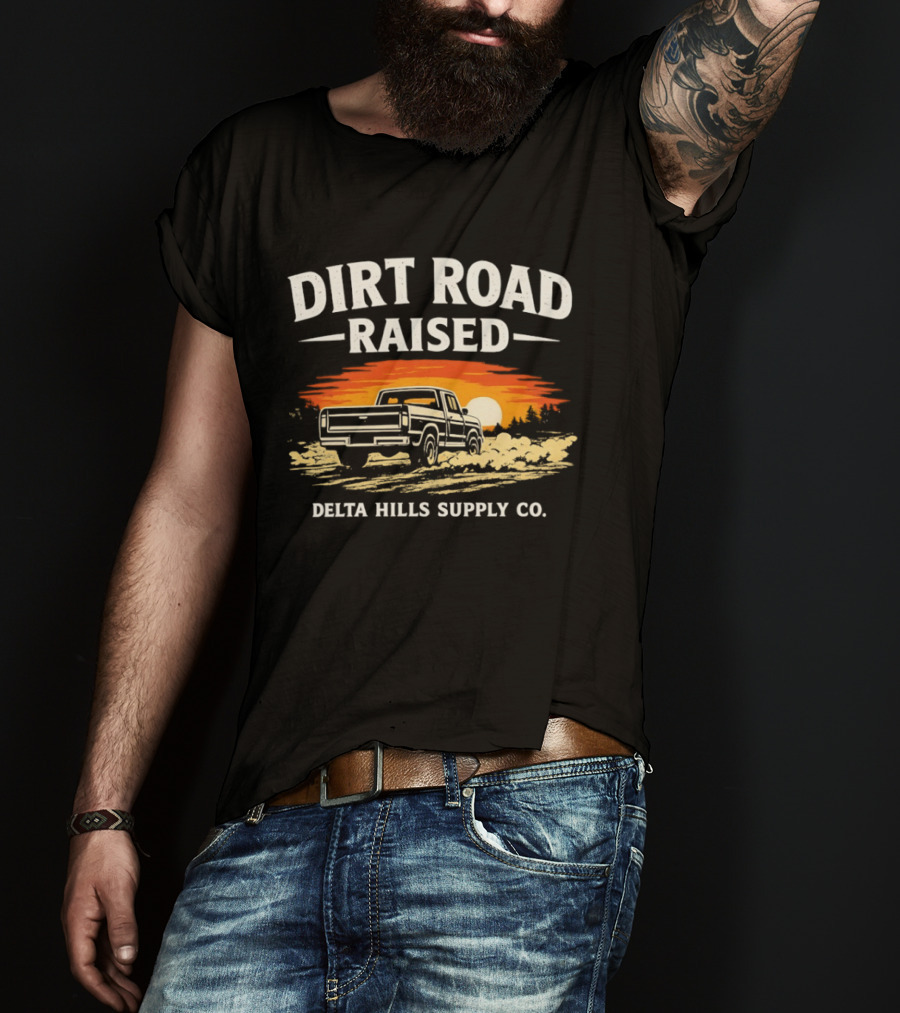 Dirt Road Raised Delta Hills Supply Co Vintage Pick Up Truck Sunset T-Shirt