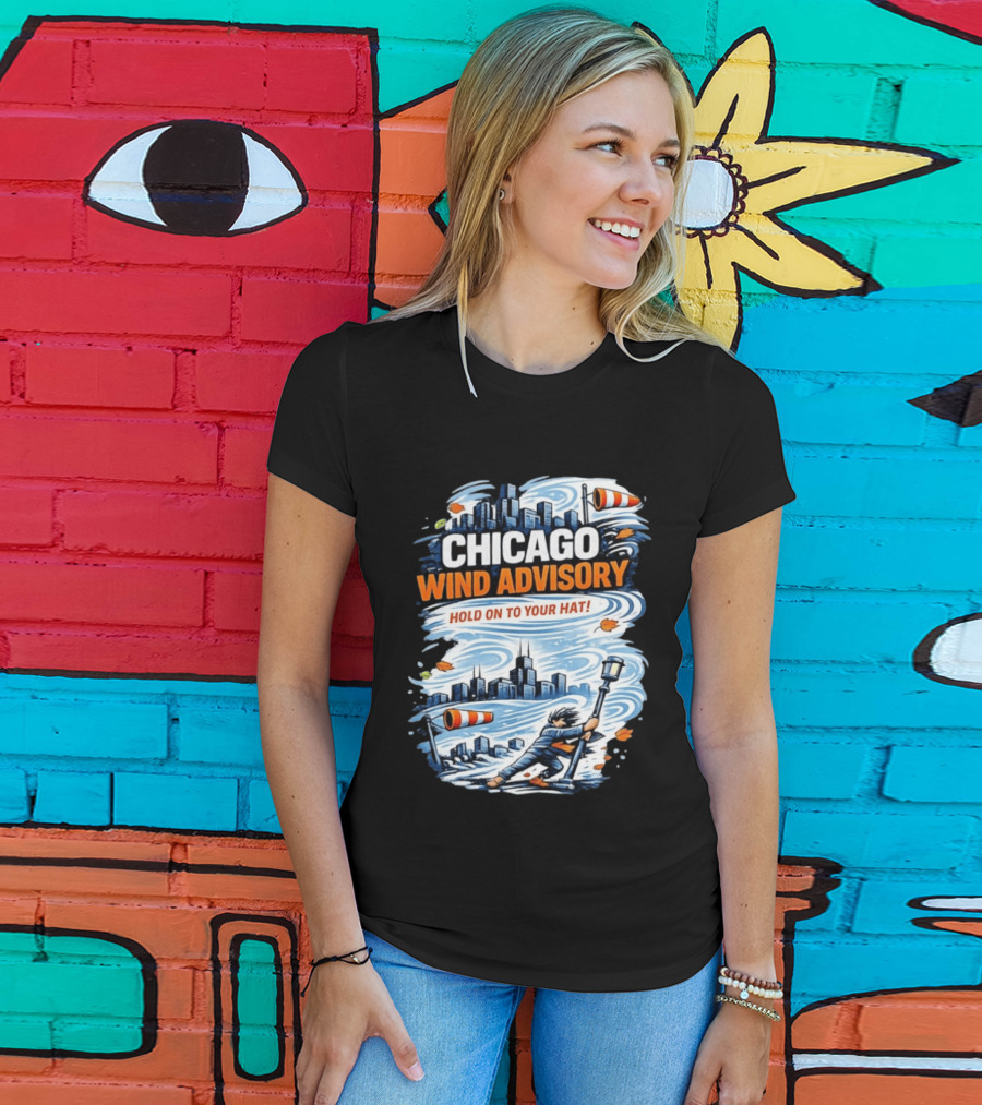 Chicago Wind Advisory Hold On To Your Hat Cityscape And Skyline Scene T-Shirt
