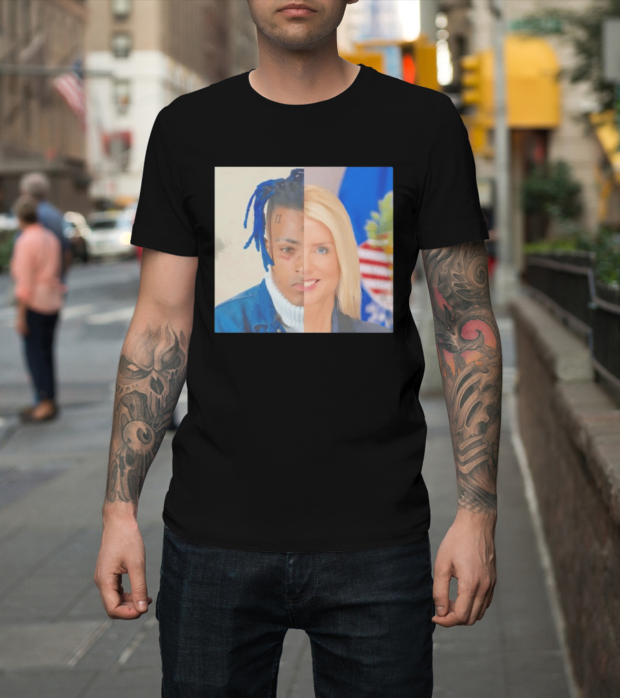 XXXTentacion Pam Bondi Split Image Face Half Blue Dreads Tattoos American Flag T-Shirt