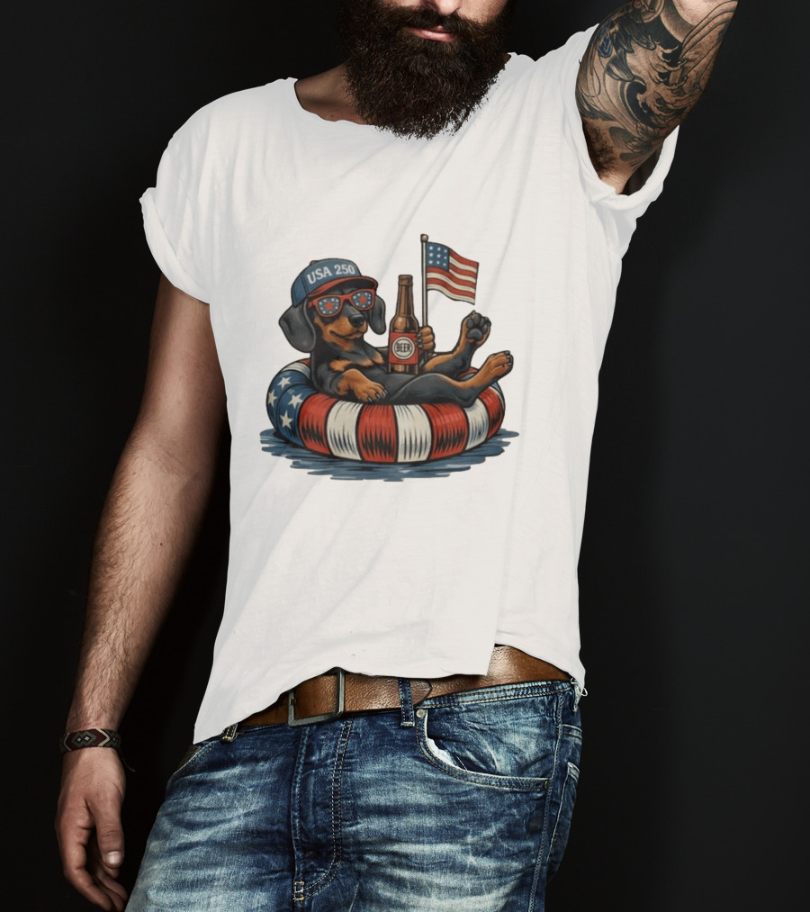 USA 250 Dachshund Floating With American Flag And Beer T-Shirt