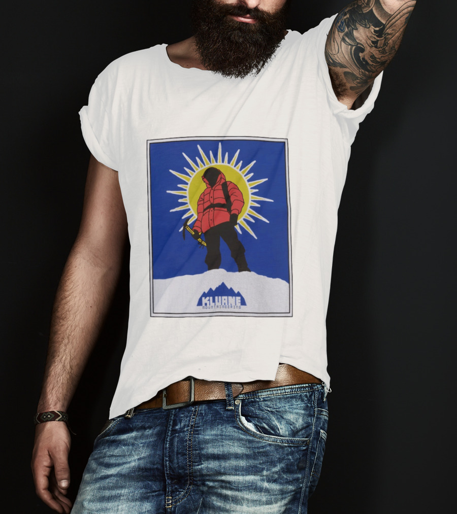 Kluane Mountaineering Hiker In Red Parka With Sunburst And Ice Axe T-Shirt