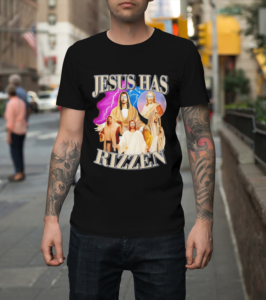 Jesus Has Rizz'en Meme Humor Lightning Vibes Sunglasses T-Shirt