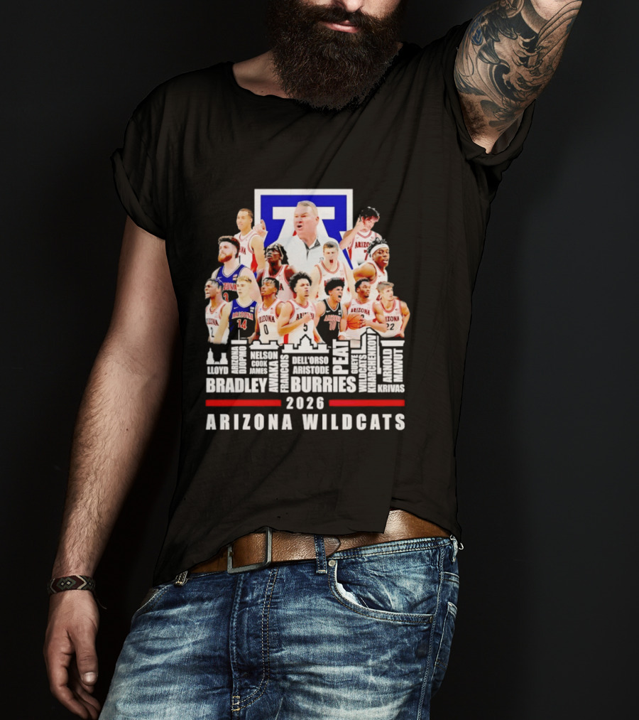 Arizona Wildcats Men's Basketball Coach And Players Final Four 2026 City Skyline Bradley Druries T-Shirt