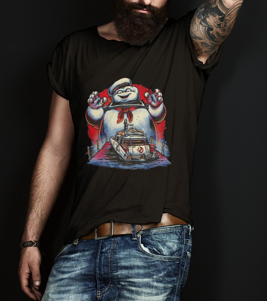 Ghostbusters Ecto 1 Meets Stay Puft Marshmallow Man Iconic Movie Scene T-Shirt