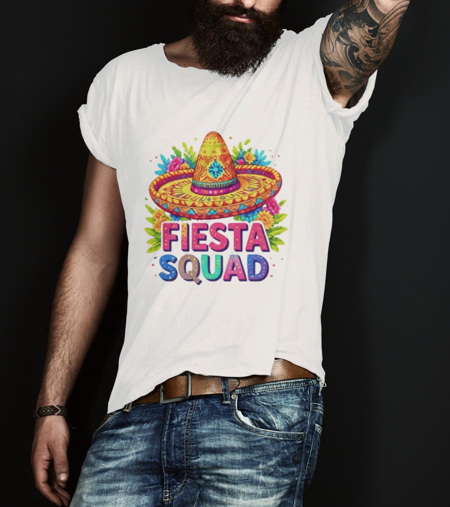 Fiesta Squad Colorful Sombrero And Flowers Cinco De Mayo Celebration T-Shirt