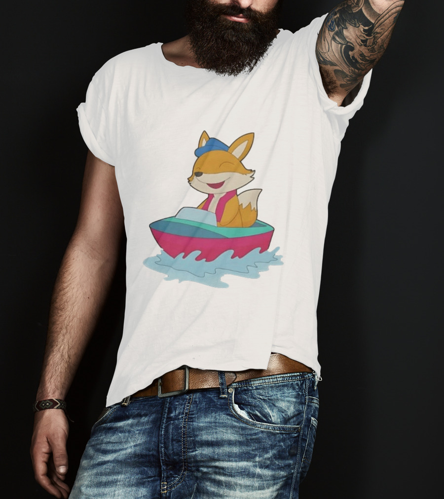 Cheerful Fox Sailing In Colorful Boat With Blue Hat And Pink Life Vest T-Shirt