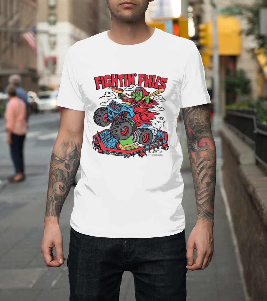 Fightin' Phils Monster Truck Creature Riding Over Baseball Stadium With Bats T-Shirt