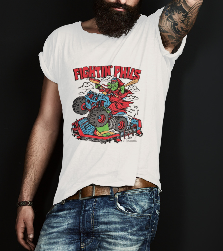 Fightin' Phils Monster Truck Creature Riding Over Baseball Stadium With Bats T-Shirt