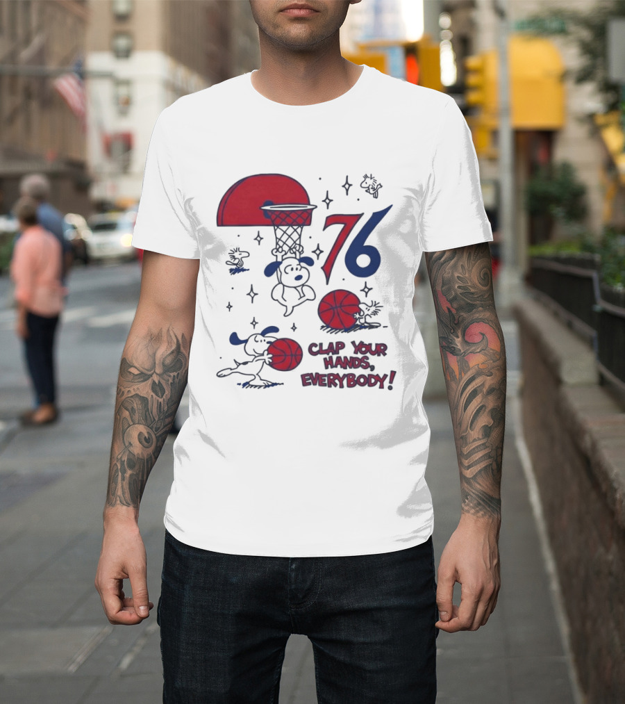 Snoopy Philadelphia 76ers Clap Your Hands Everybody Basketball Theme With Red And Blue T-Shirt
