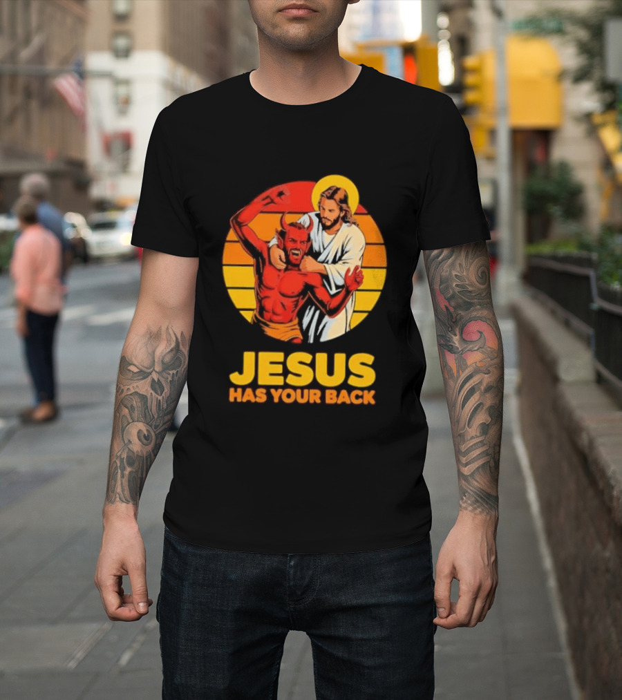 Jesus Has Your Back Vintage Illustration With Devil And Halo Symbolism T-Shirt