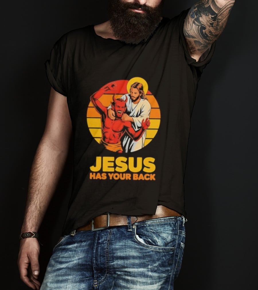 Jesus Has Your Back Vintage Illustration With Devil And Halo Symbolism T-Shirt