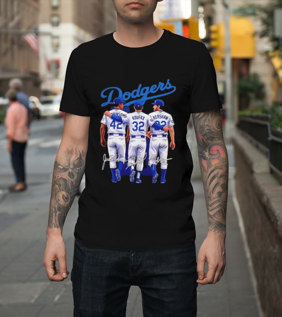 Los Angeles Dodgers Legendary Trio Jackie Robinson Sandy Koufax Clayton Kershaw Signatures T-Shirt