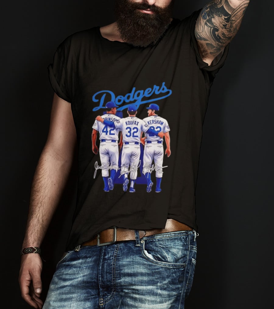 Los Angeles Dodgers Legendary Trio Jackie Robinson Sandy Koufax Clayton Kershaw Signatures T-Shirt