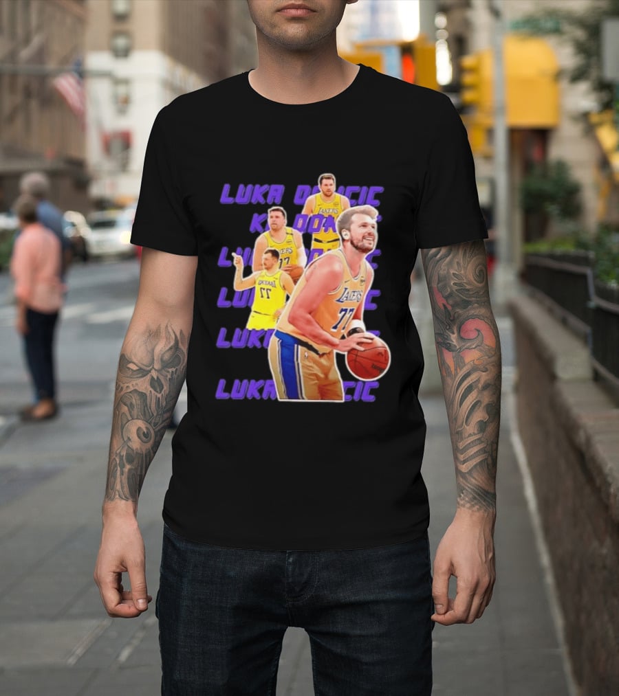 Luka Doncic Lakers 77 Action Shot Multiple Pose Purple Basketball Display T-Shirt