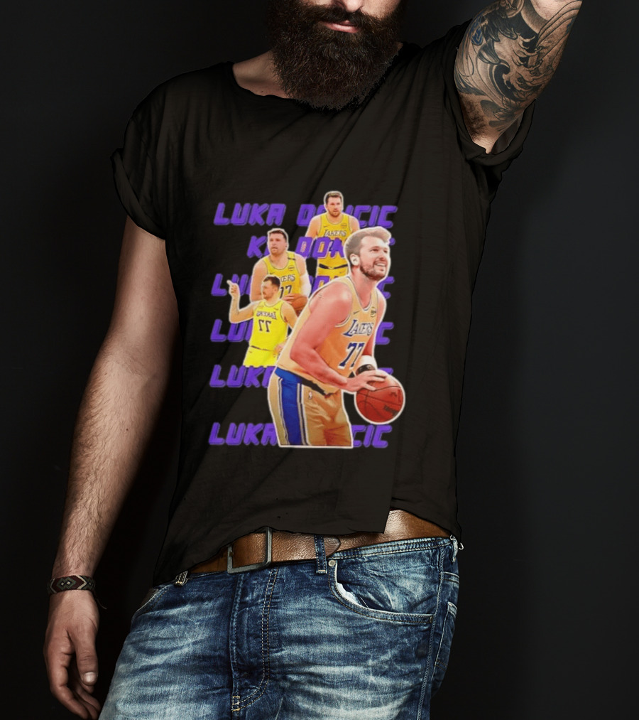 Luka Doncic Lakers 77 Action Shot Multiple Pose Purple Basketball Display T-Shirt