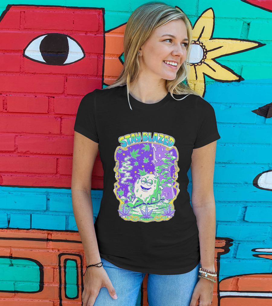 Stay Blazed Trippy Cannabis Character Psychedelic Art Leafs And Mushrooms T-Shirt