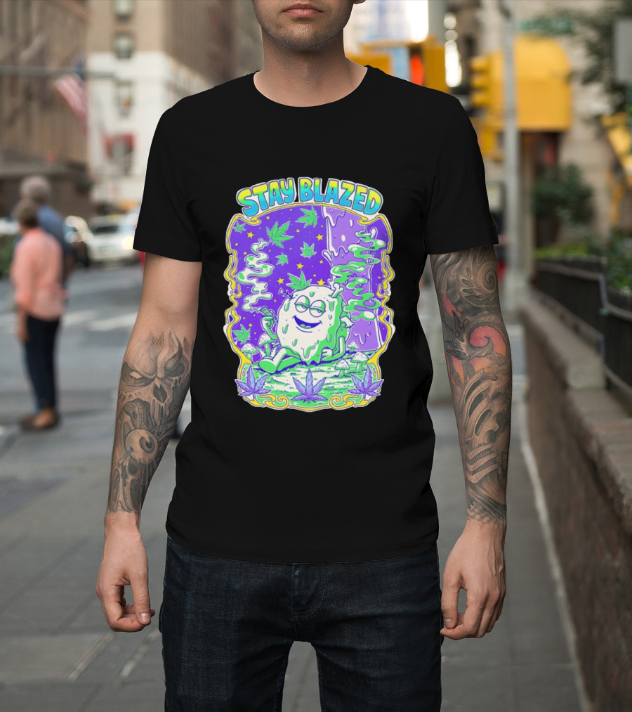Stay Blazed Trippy Cannabis Character Psychedelic Art Leafs And Mushrooms T-Shirt