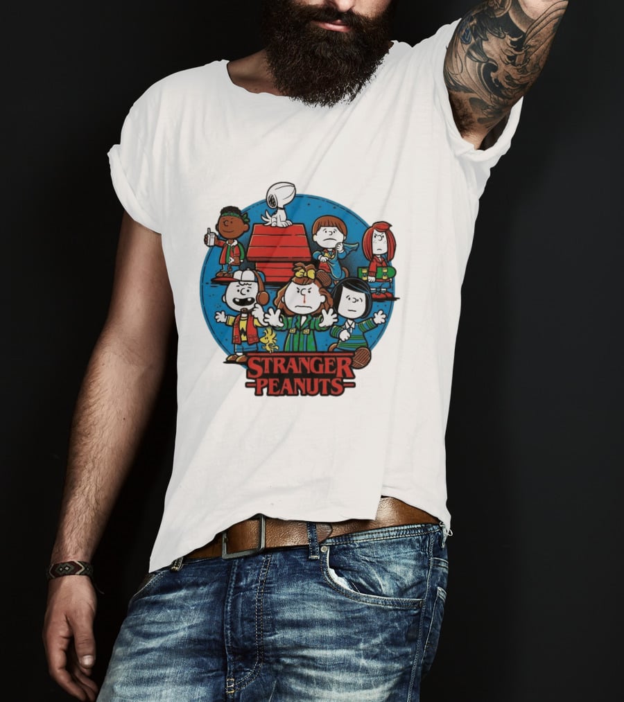 Stranger Peanuts Cartoon Characters Crossover Red Doghouse Blue Circle T-Shirt