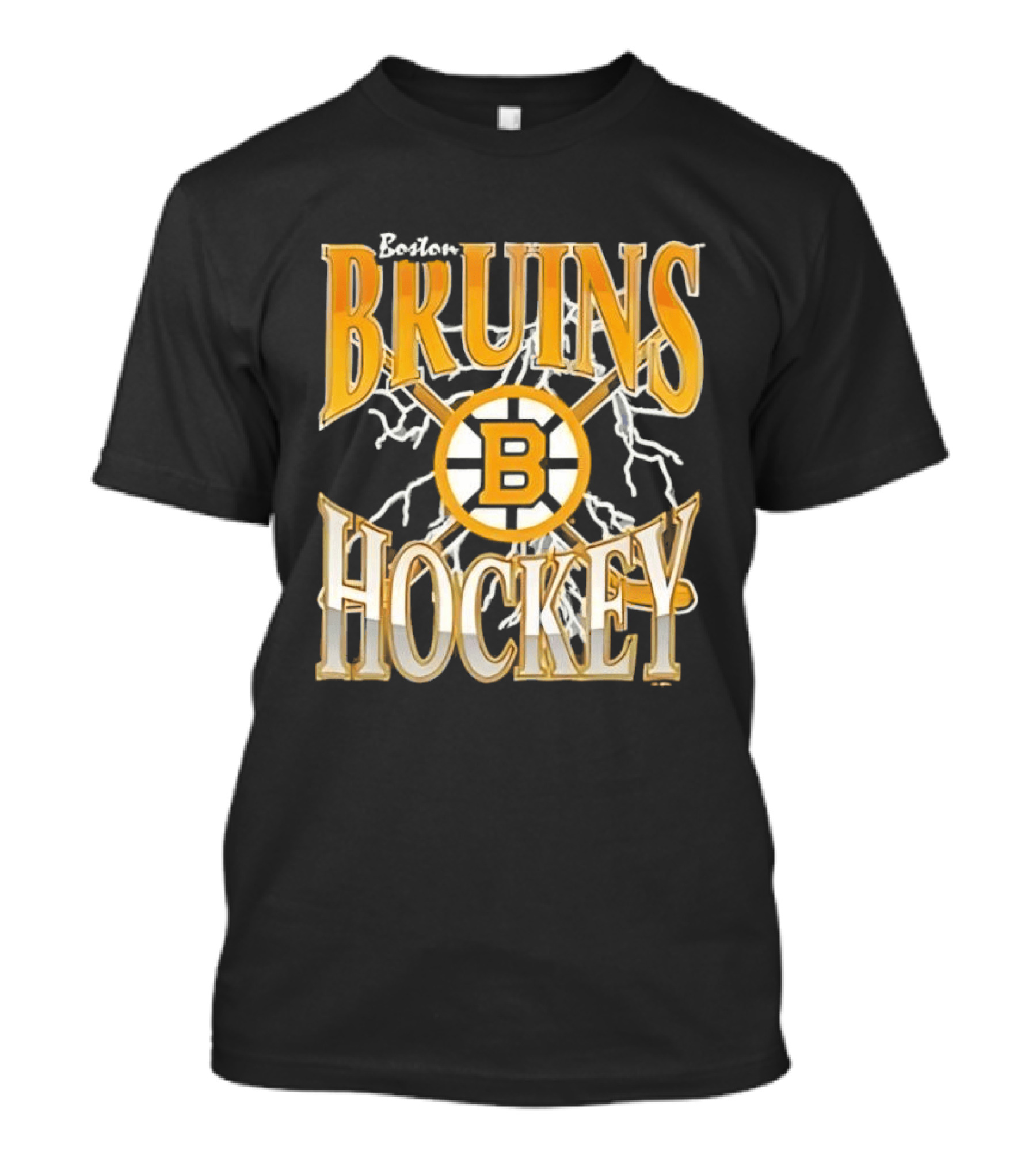 Boston Bruins Hockey B Logo Crossed Sticks Lightning T-Shirt