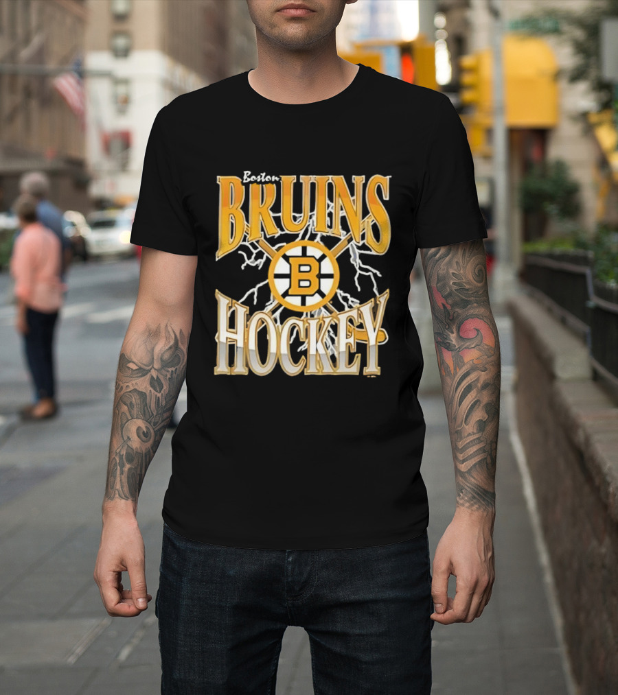 Boston Bruins Hockey B Logo Crossed Sticks Lightning T-Shirt
