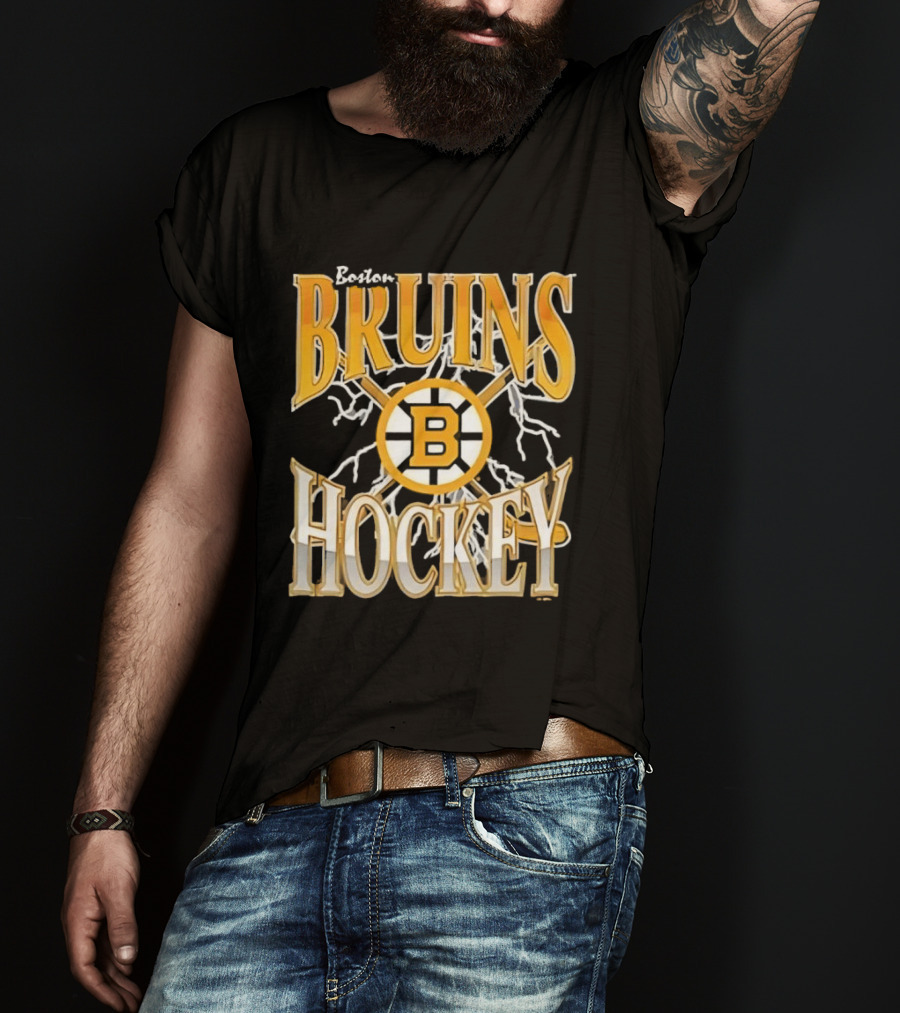 Boston Bruins Hockey B Logo Crossed Sticks Lightning T-Shirt