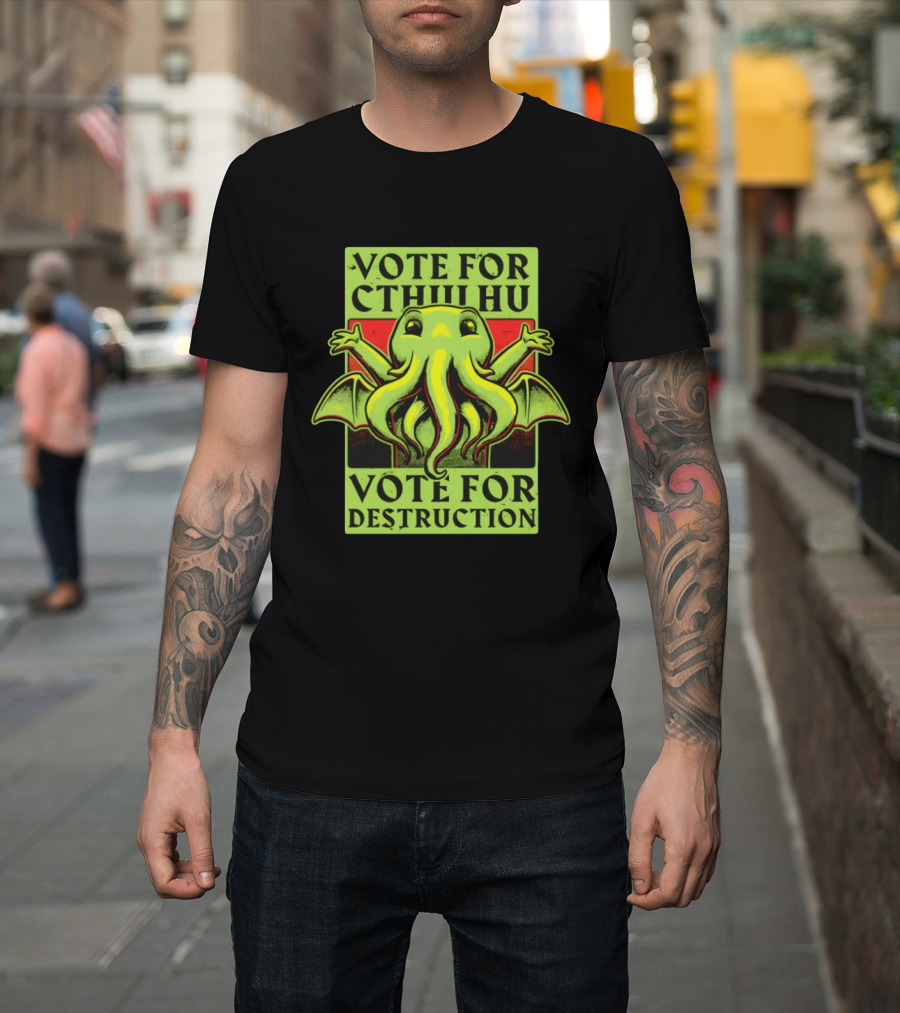 Vote For Cthulhu For Destruction Cartoon Alien Creature With Tentacles And Wings T-Shirt