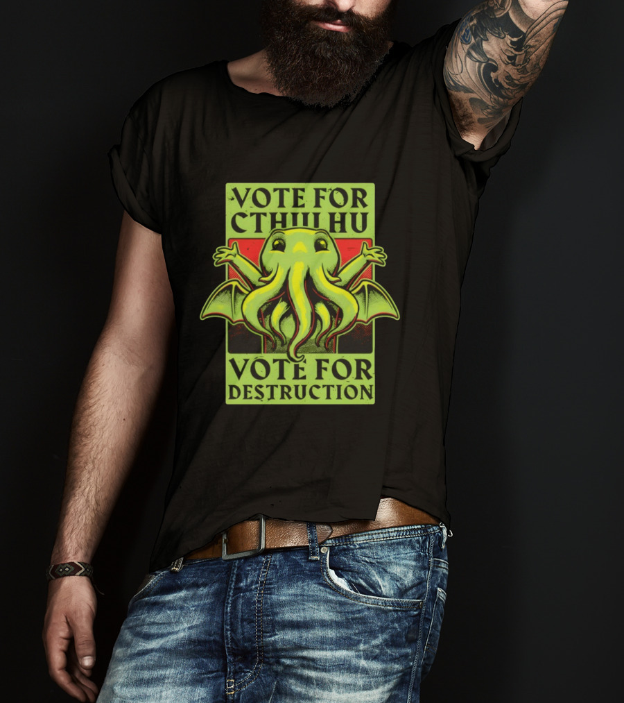 Vote For Cthulhu For Destruction Cartoon Alien Creature With Tentacles And Wings T-Shirt