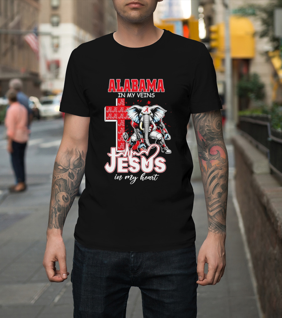 Alabama Crimson Tide In My Veins Jesus In My Heart Elephant Cross T-Shirt