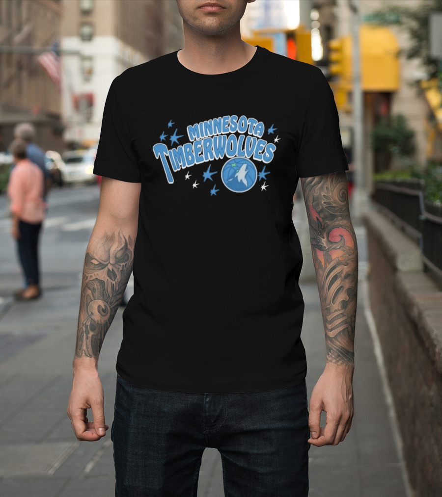 Minnesota Timberwolves Starter Black Fireworks Starry Blue Basketball Wolf T-Shirt