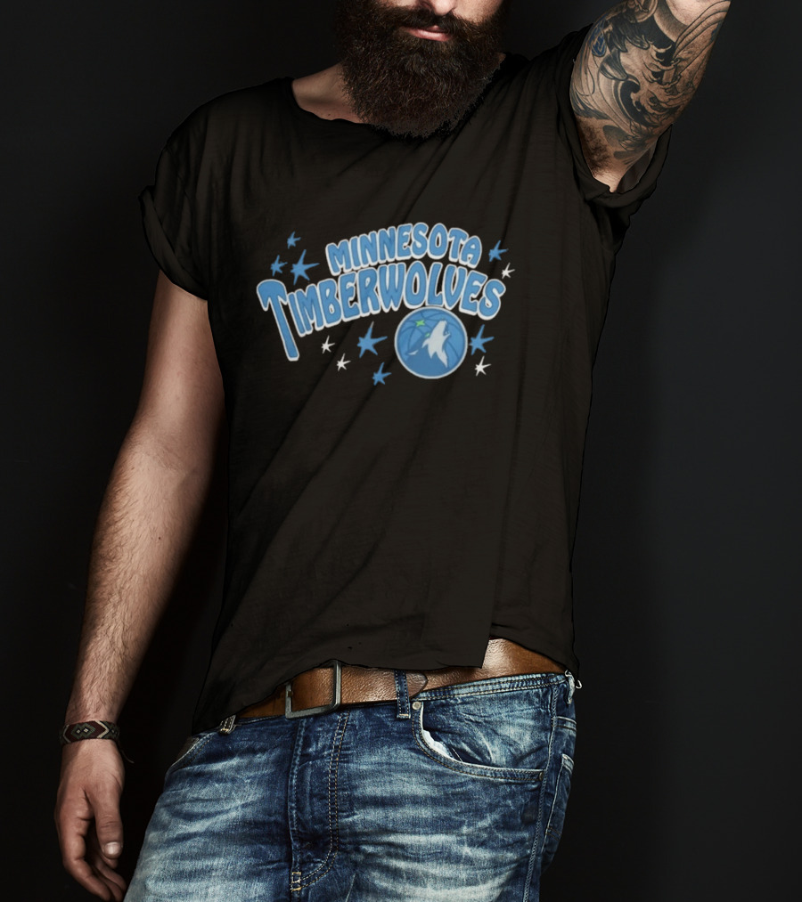 Minnesota Timberwolves Starter Black Fireworks Starry Blue Basketball Wolf T-Shirt
