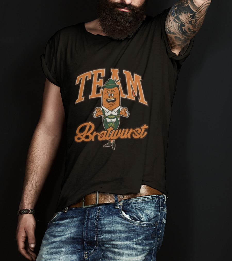 Team Bratwurst Burnt Orange Oktoberfest Character Lederhosen T-Shirt