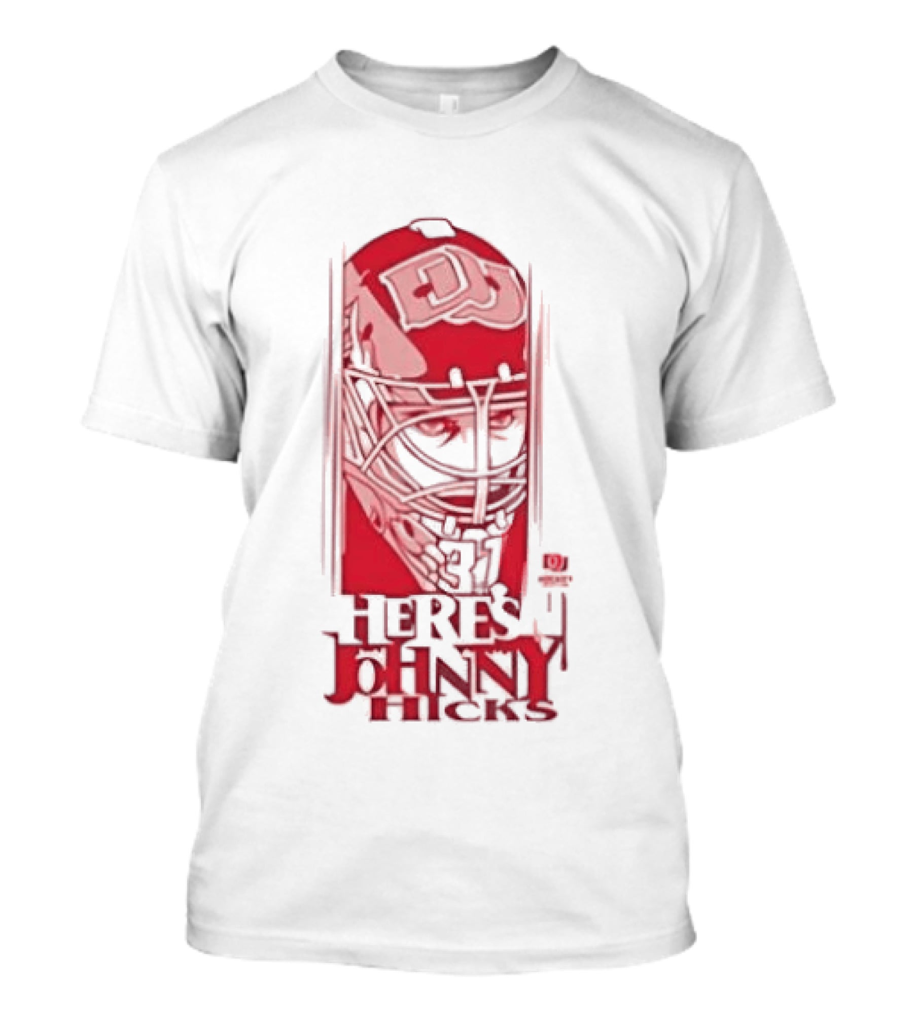 Here's Johnny Hicks Denver Pioneers Men's Ice Hockey Mask DJ T-Shirt