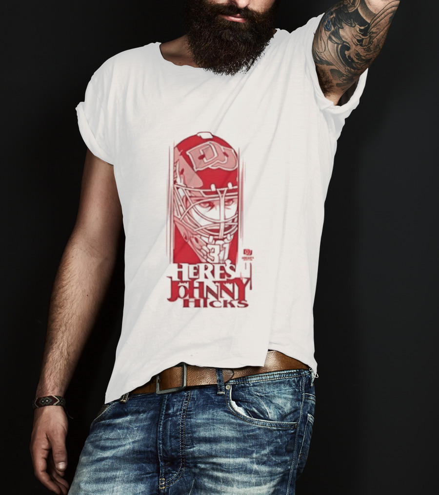Here's Johnny Hicks Denver Pioneers Men's Ice Hockey Mask DJ T-Shirt