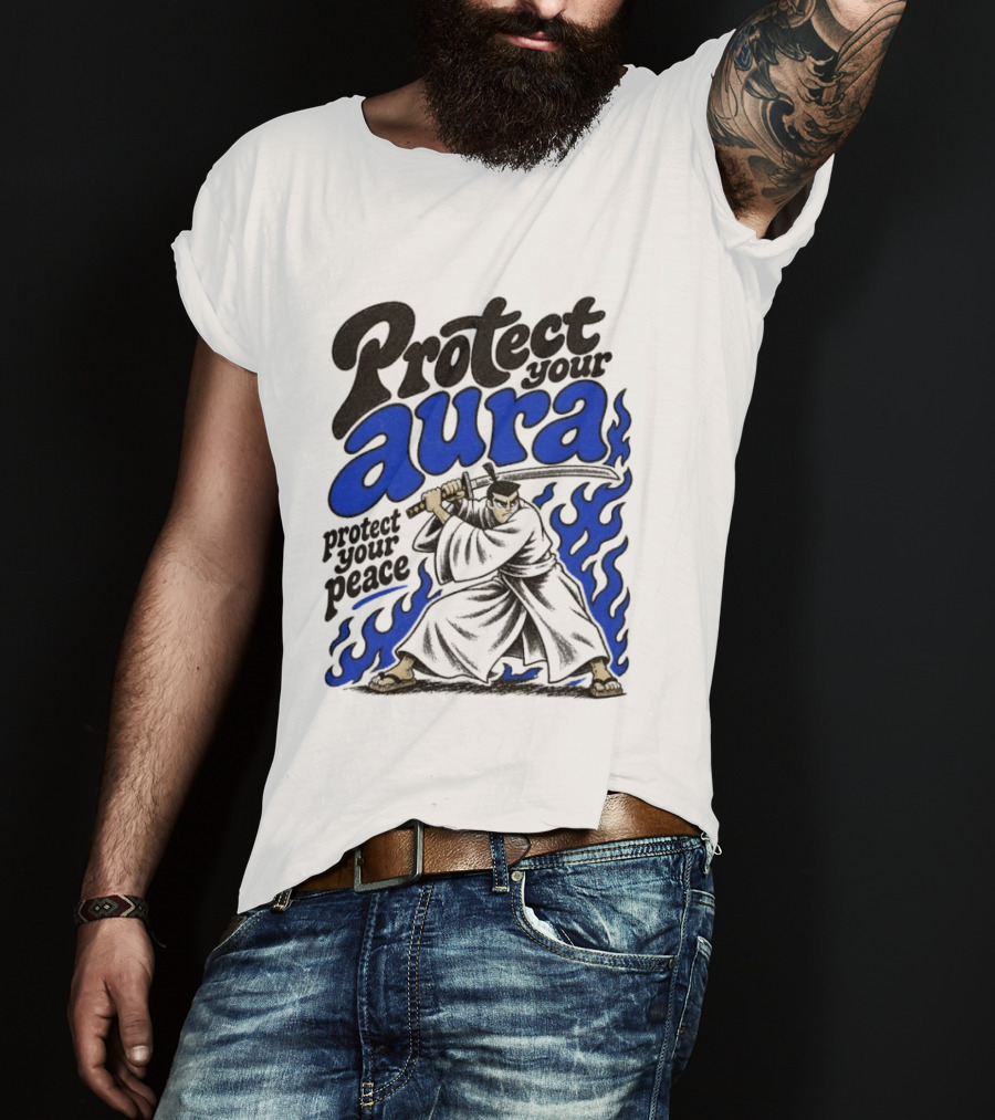 Protect Your Aura Samurai Protect Your Peace Blue Flames T-Shirt