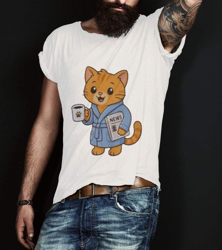 Cat In Bathrobe With Coffee And Newspaper T-Shirt