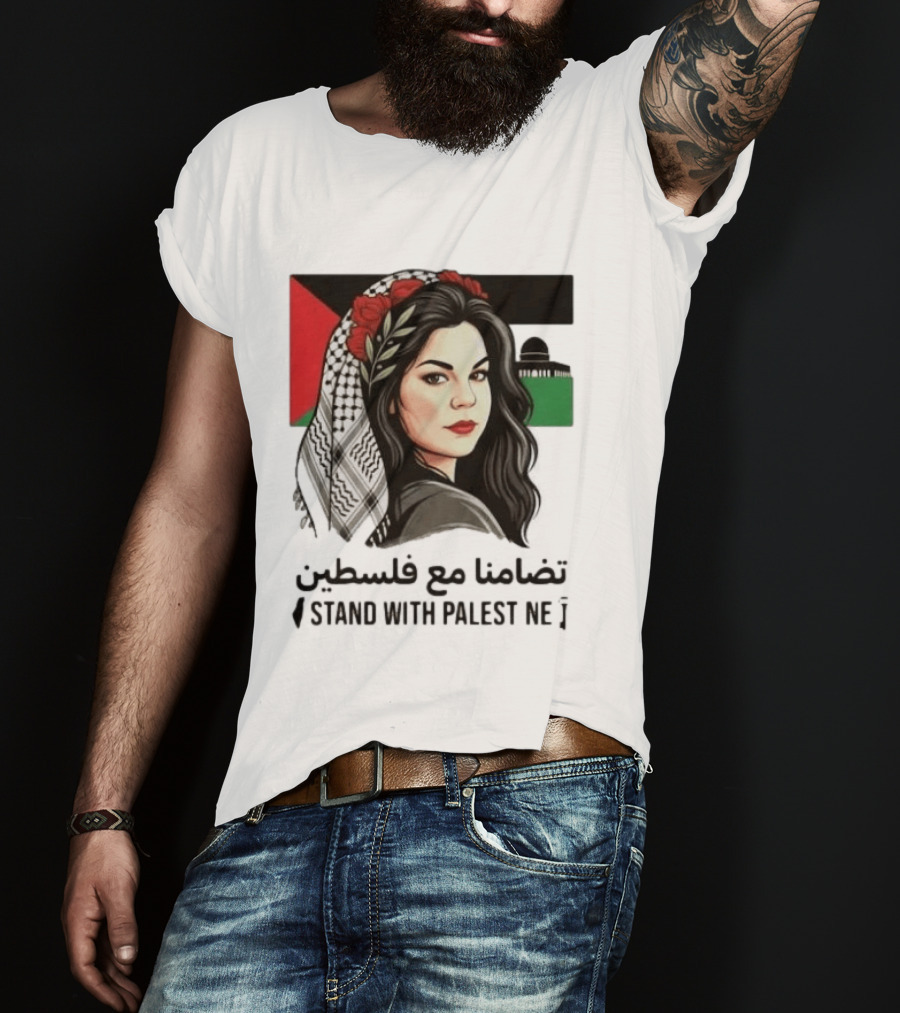 Stand With Palestine Women تضامنًا مع فلسطين Iconic Figure With Traditional Scarf And Flag T-Shirt
