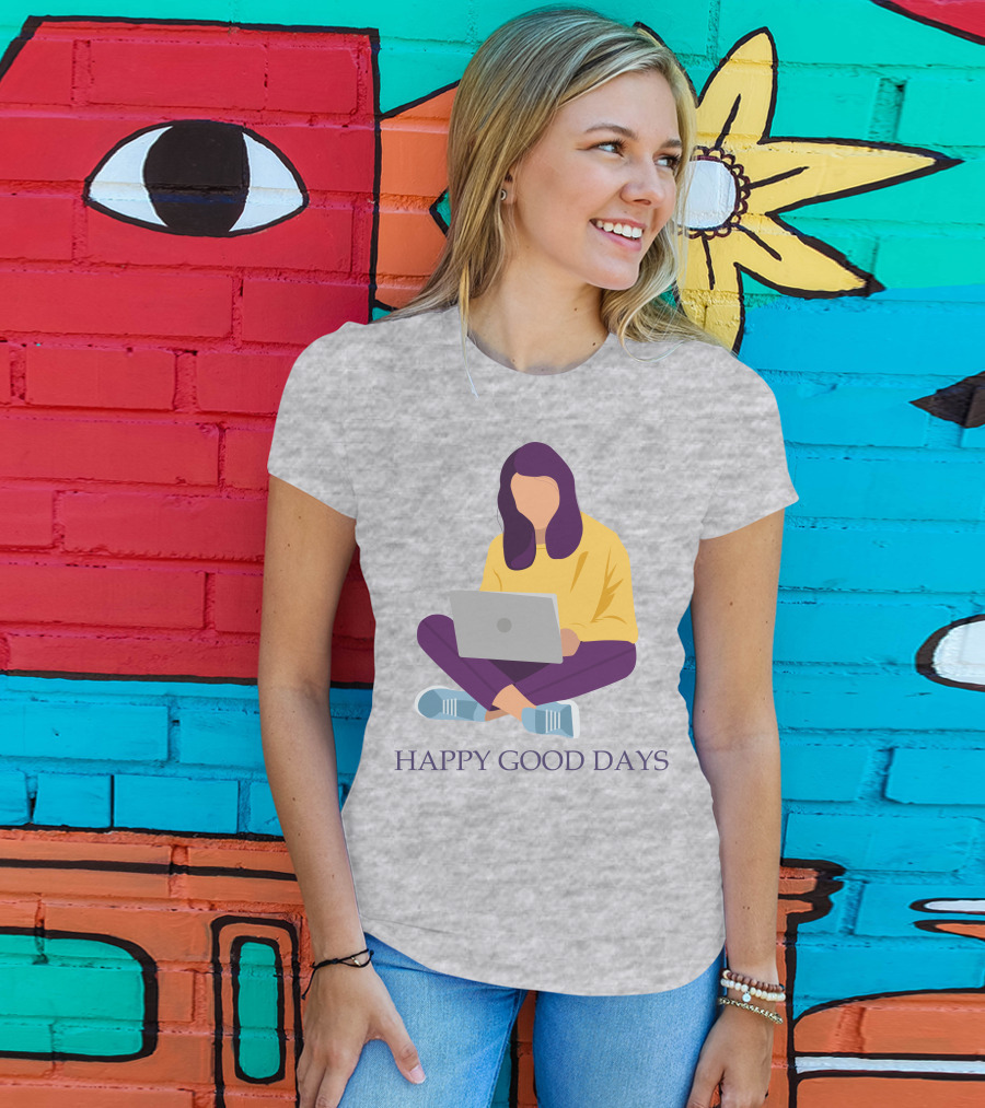 HAPPY GOOD DAYS Laptop Sitting Woman T-Shirt