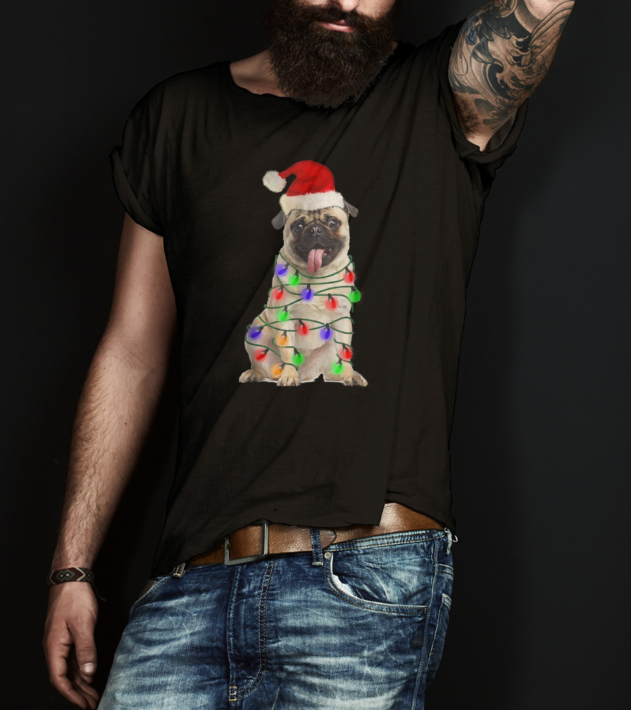 Christmas Pug Wrapped In Festive Lights Wearing Santa Hat T-Shirt