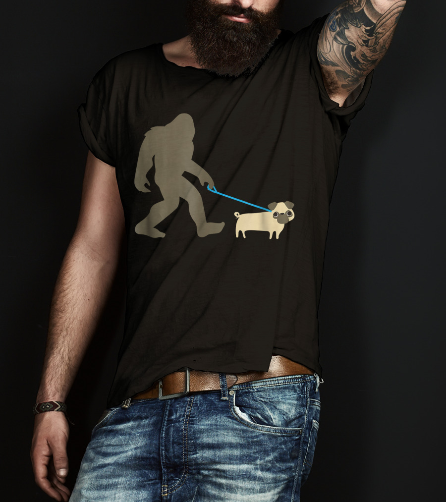 Bigfoot Walking Pug Funny Cute Sasquatch Dog Leash T-Shirt