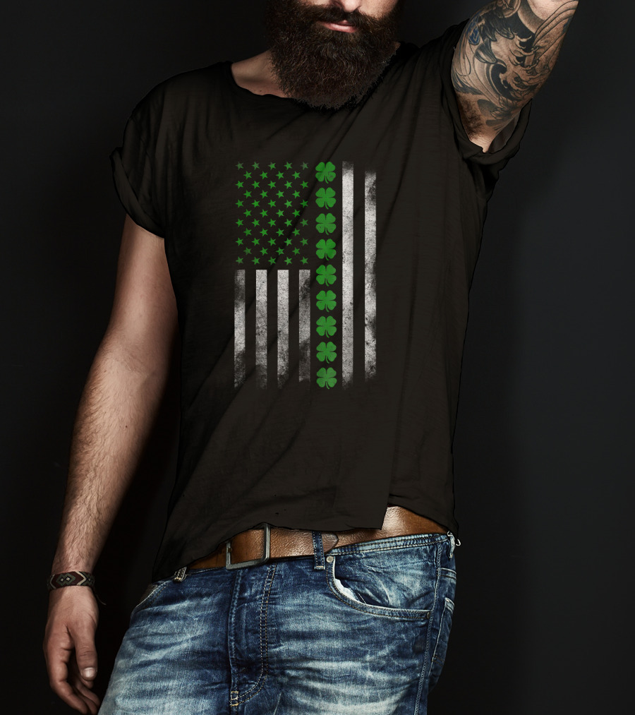St. Patricks Day Green Clover Irish American Flag T-Shirt