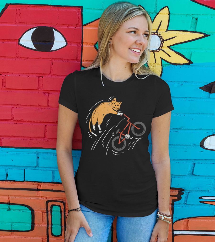 Orange Cat Riding Bicycle In Motion T-Shirt
