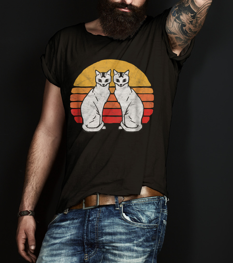 Vintage Eighties Style Twin Siamese Cats With Retro Sunset Stripes T-Shirt