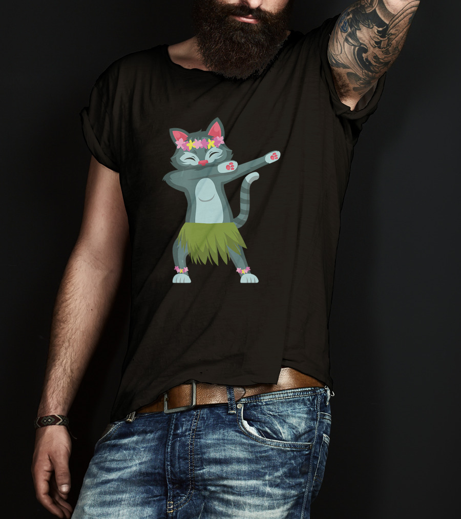Aloha Cat Hawaiian Dance Mele Kalikimaka Hula Kitty With Floral Crown And Grass Skirt T-Shirt