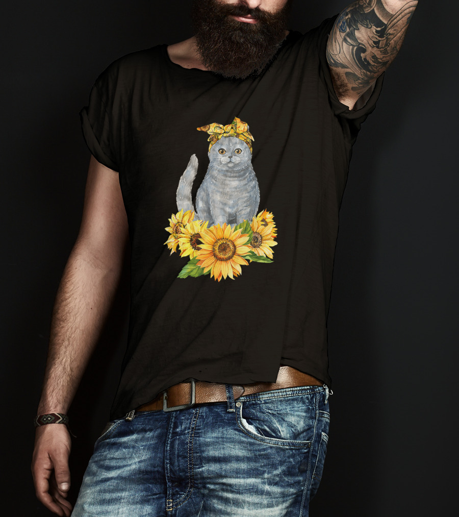 Hippie Cat With Sunflower Bandana And Sunflowers Cute Cat Lover T-Shirt