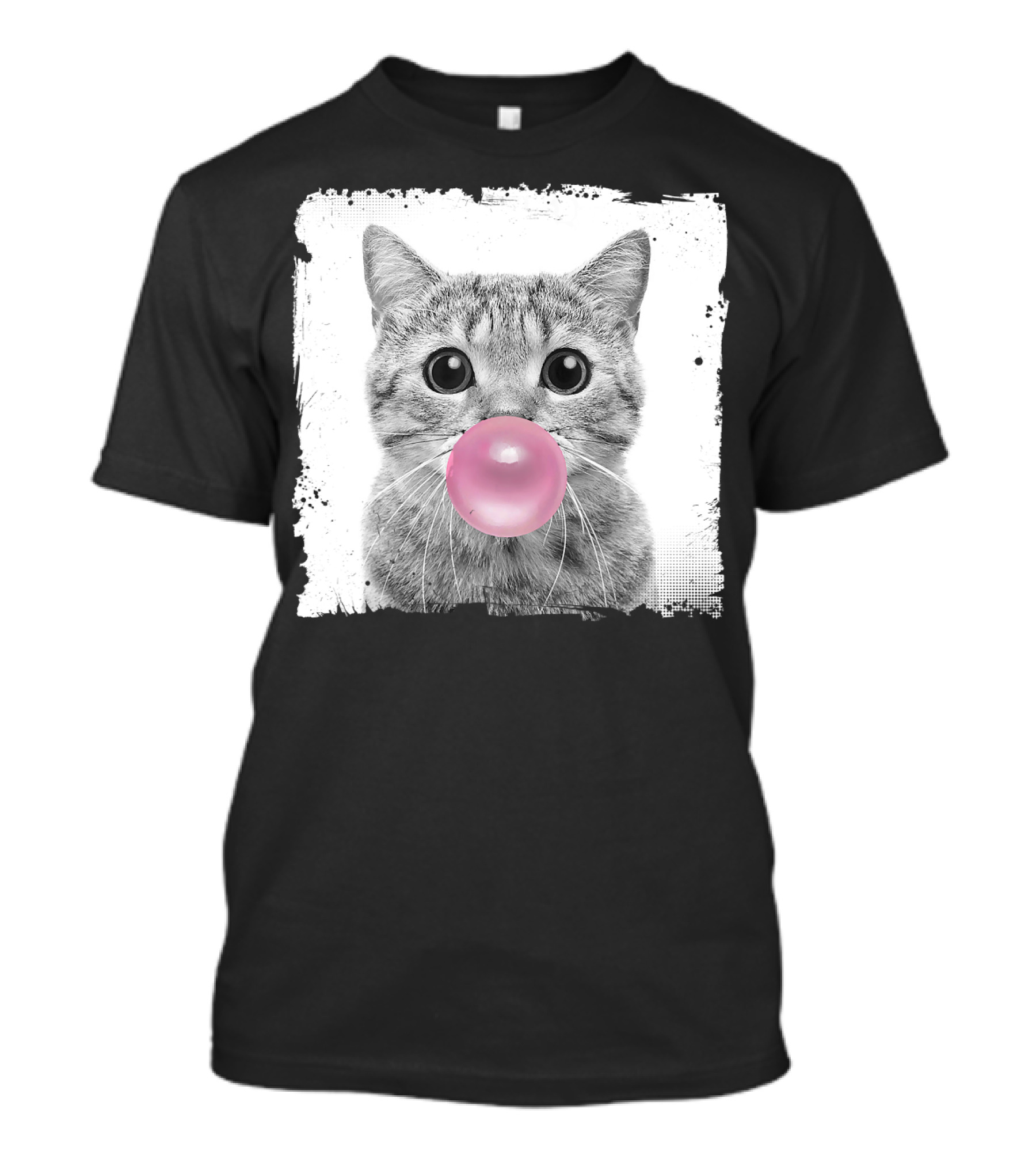 Cute Cat Blowing Pink Bubble Gum For Animal Lover Black And White Sketch T-Shirt