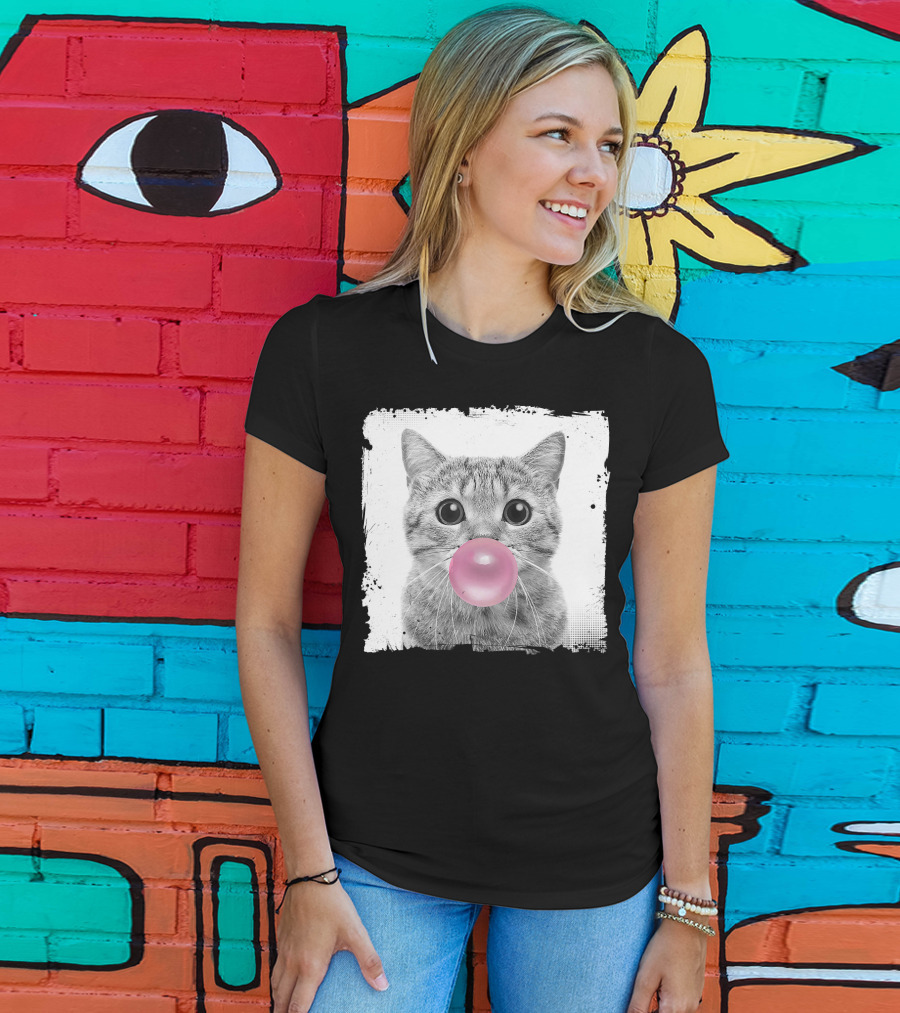 Cute Cat Blowing Pink Bubble Gum For Animal Lover Black And White Sketch T-Shirt