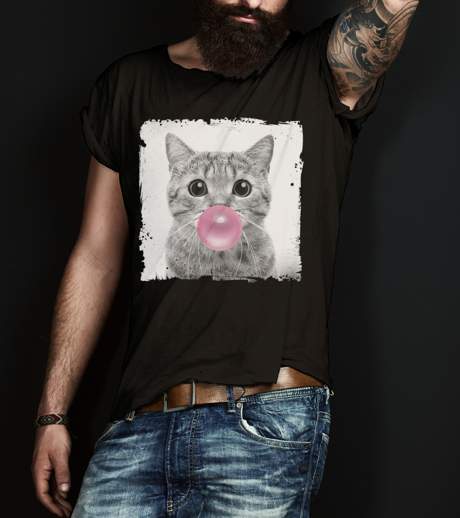 Cute Cat Blowing Pink Bubble Gum For Animal Lover Black And White Sketch T-Shirt