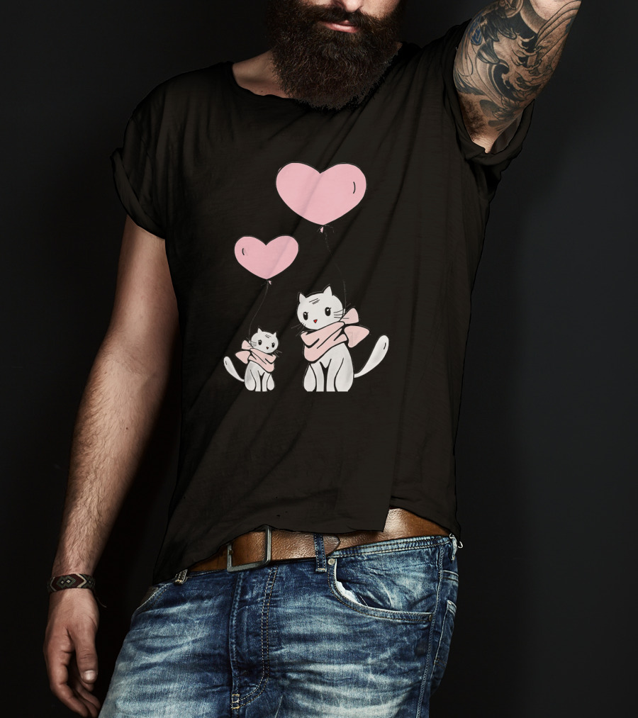 CUTE CATS Wearing Scarves Holding Pink Heart Balloons T-Shirt