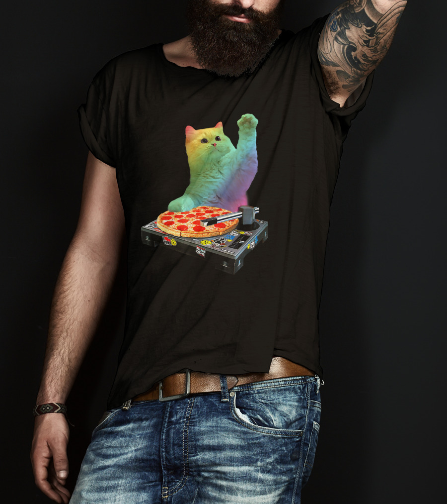 DJ Cat EDM Pizza Turntable Colorful Kitty Music Fun T-Shirt